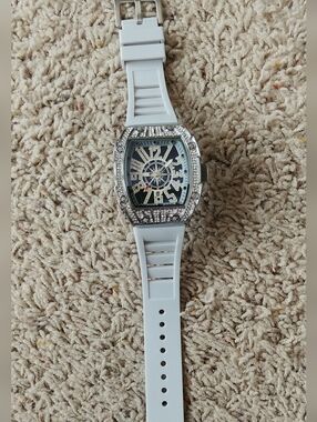 White Men’s Crystal Accent Silicone Strap Watch